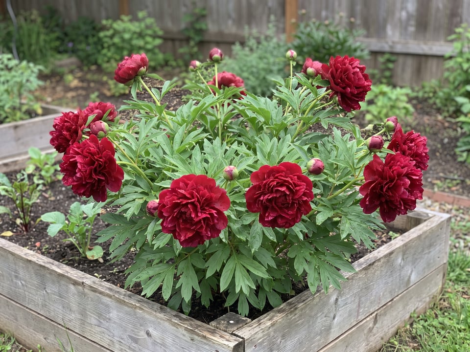 Old Faithful peony plants in bloom in a garden