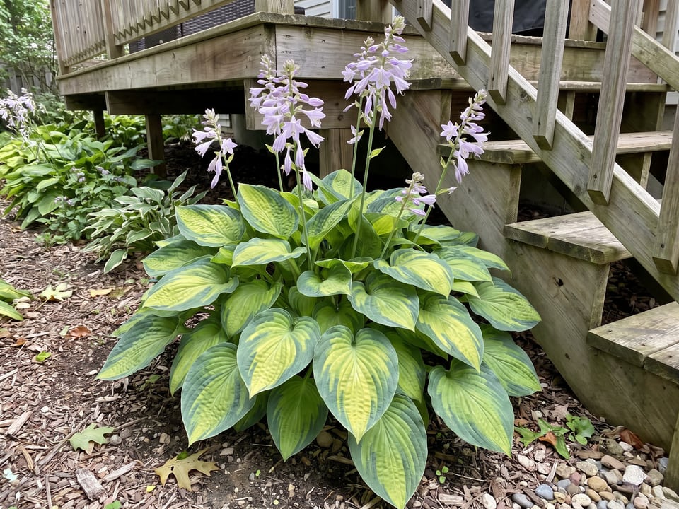 A Paradigm hosta clump growing in a shade garden