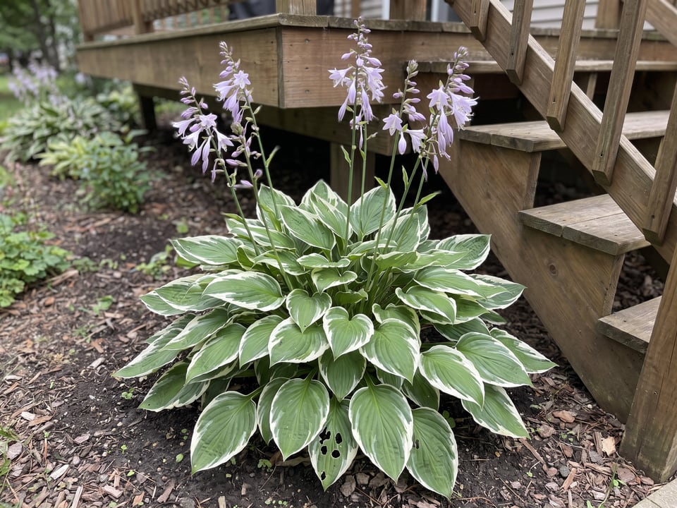 A Patriot hosta clump growing in a shade garden