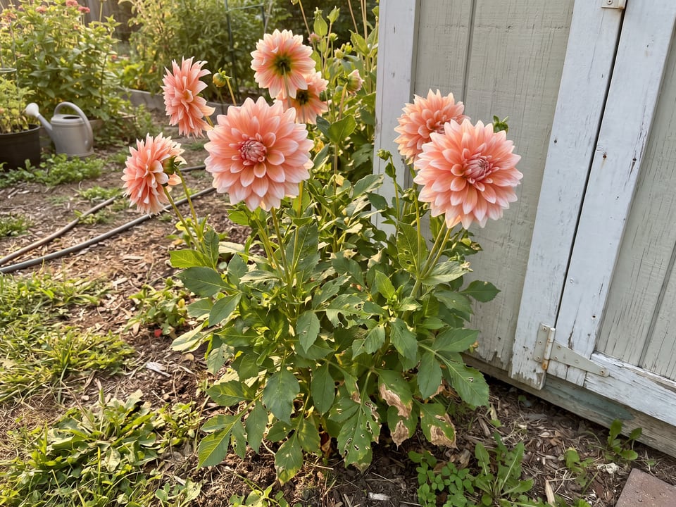 Peaches N' Cream dahlia plants in bloom in a garden