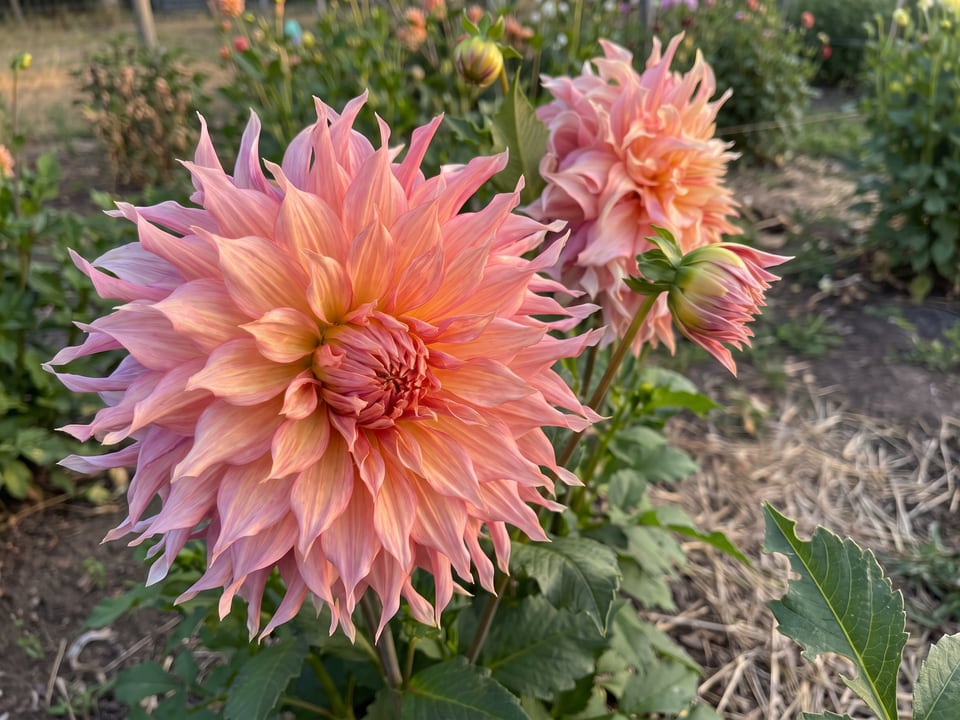 A Penhill Watermelon dahlia flower up close on the plant