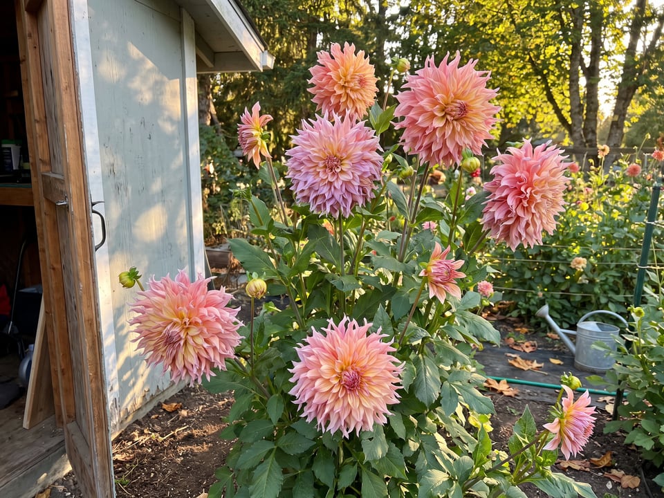 Penhill Watermelon dahlia plants in bloom in a garden