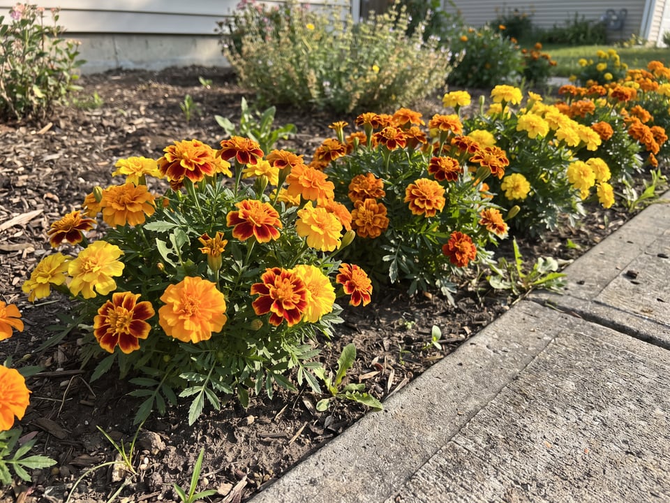 Petite marigold plants in bloom in a garden