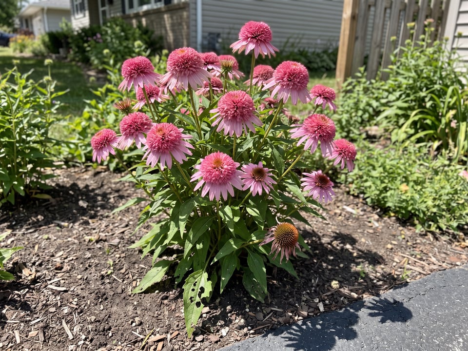 Pink Double Delight coneflower plants in bloom in a garden
