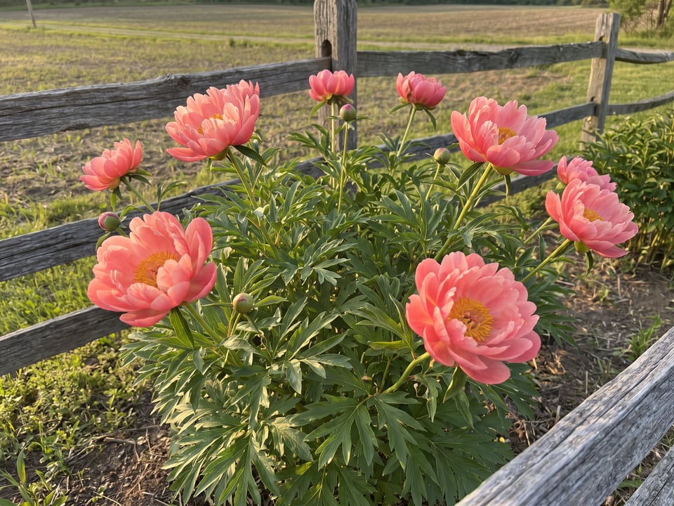 Pink Hawaiian Coral peony plants in bloom in a garden
