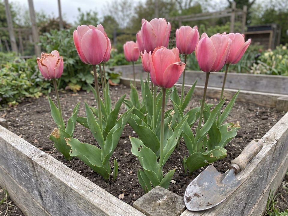 Pink Impression tulip plants in bloom in a garden