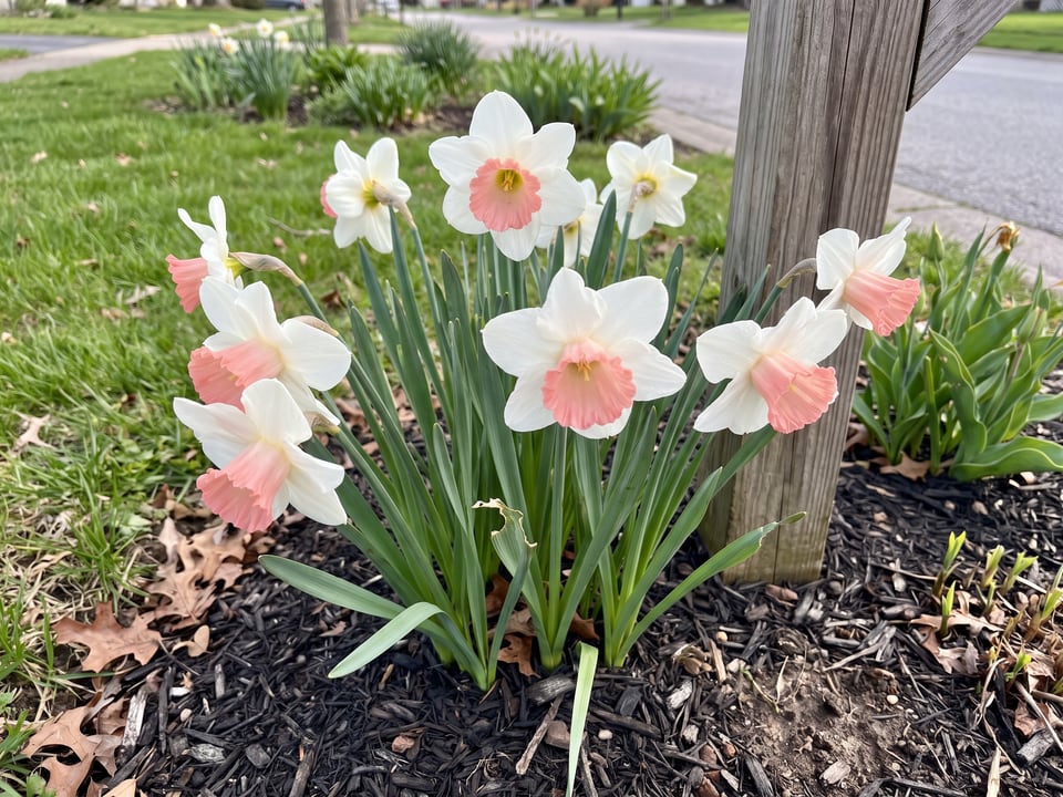Pink Silk daffodil plants in bloom in a garden
