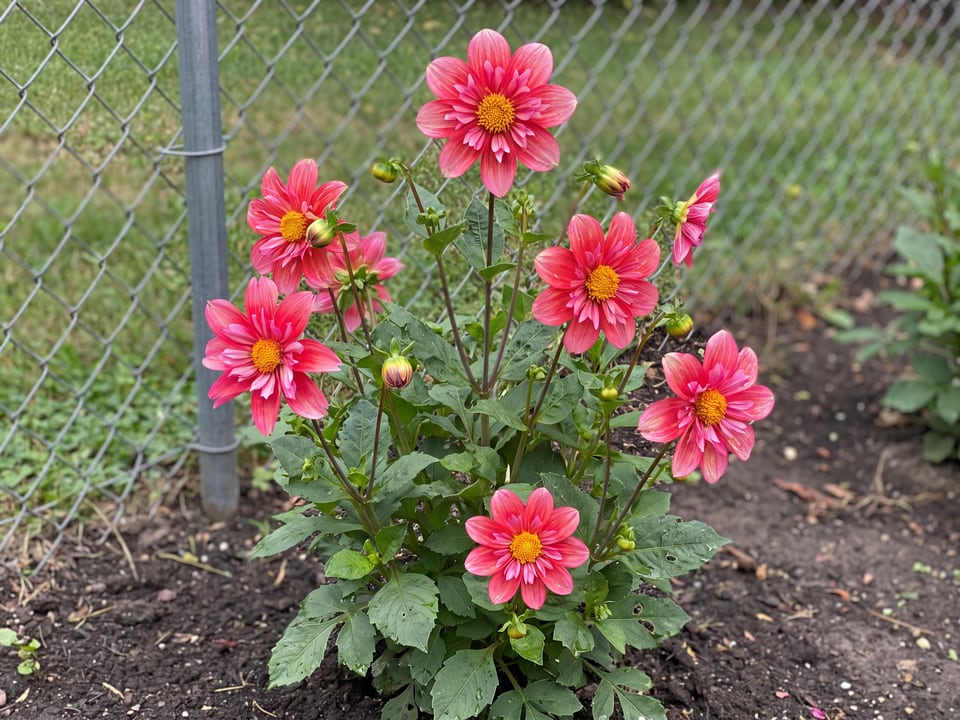 Pipsqueak dahlia plants in bloom in a garden