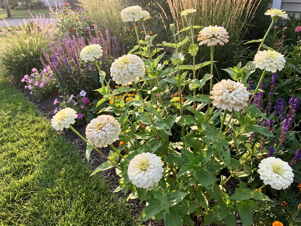 Polar Bear zinnia plants in bloom in a garden