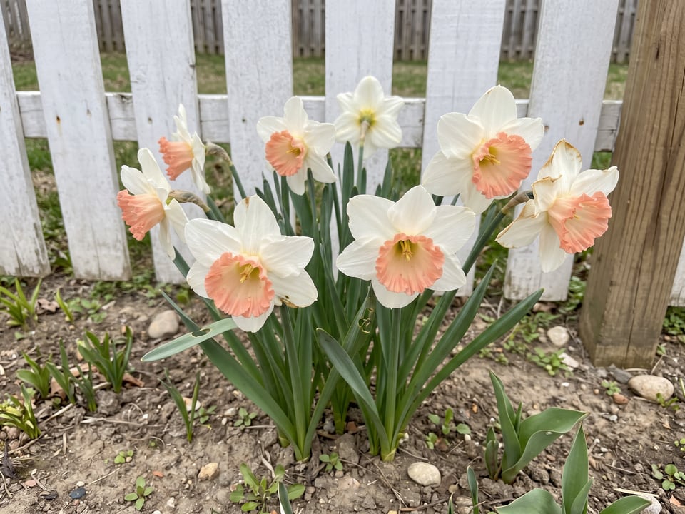 Precocious daffodil plants in bloom in a garden