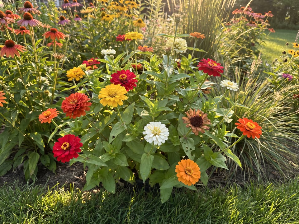 Profusion zinnia plants in bloom in a garden