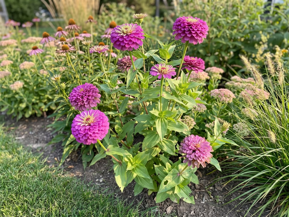 Purple Prince zinnia plants in bloom in a garden
