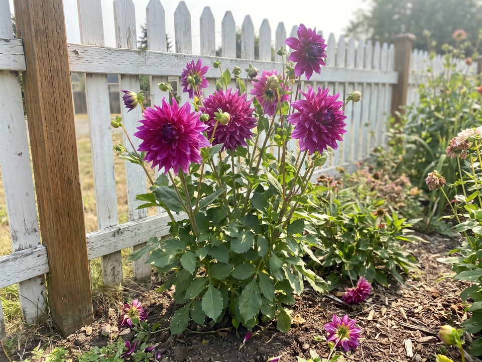 Purple Taiheijo dahlia plants in bloom in a garden