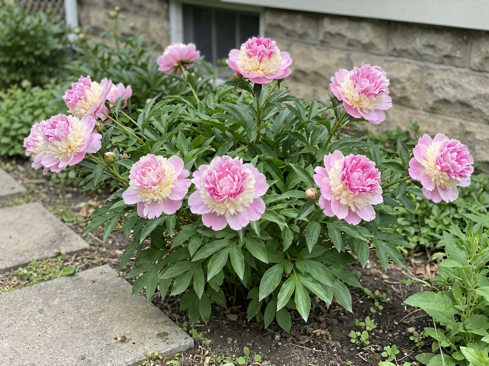Raspberry Sundae peony plants in bloom in a garden