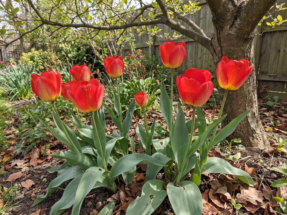 Red Emperor tulip plants in bloom in a garden