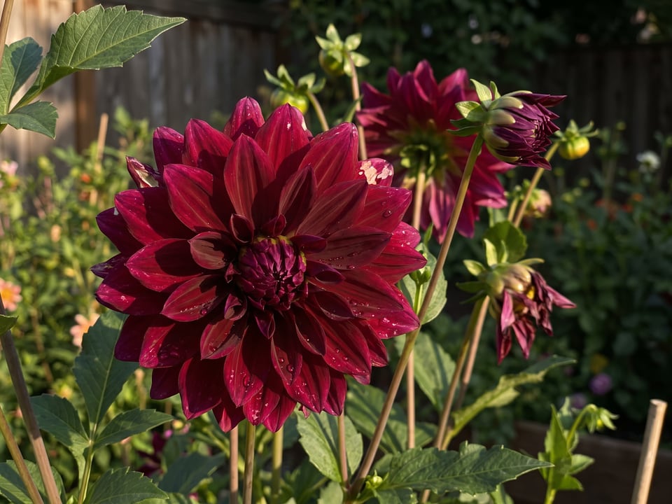 A Rip City dahlia flower up close on the plant