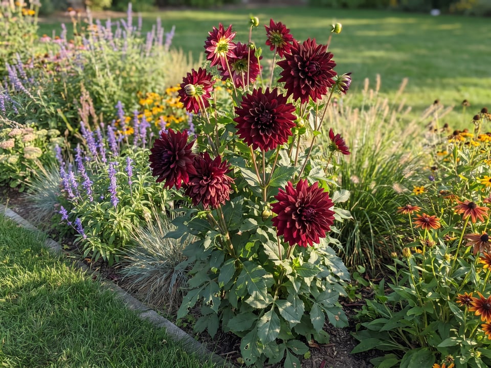 Rip City dahlia plants in bloom in a garden