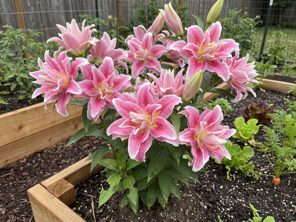 Roselily Natalia lily plants in bloom in a garden