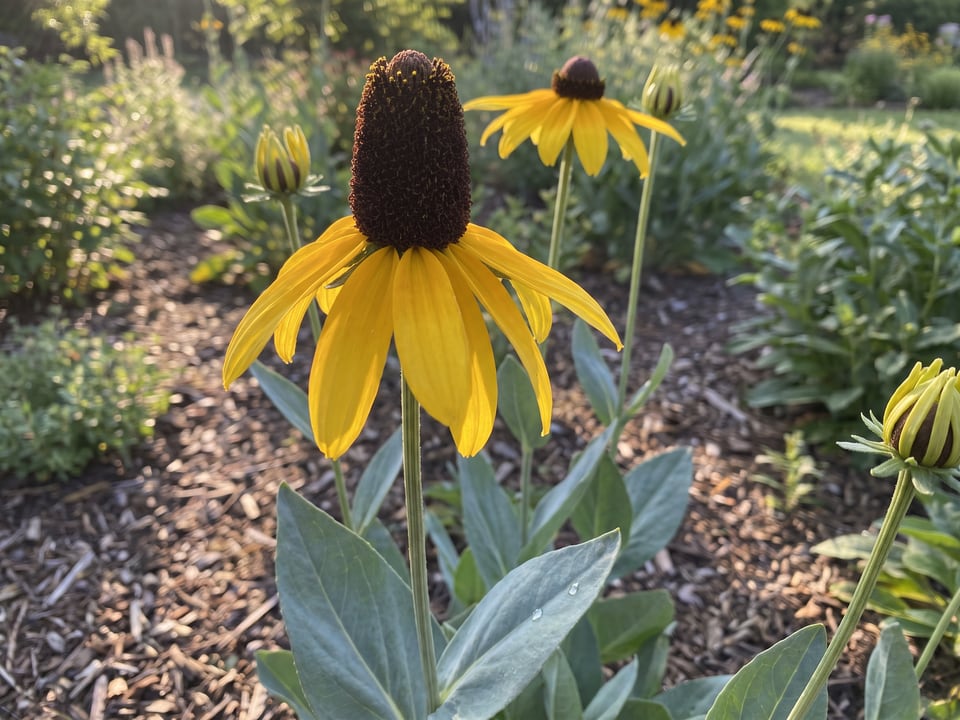 A Rudbeckia maxima black-eyed Susan flower up close on the plant
