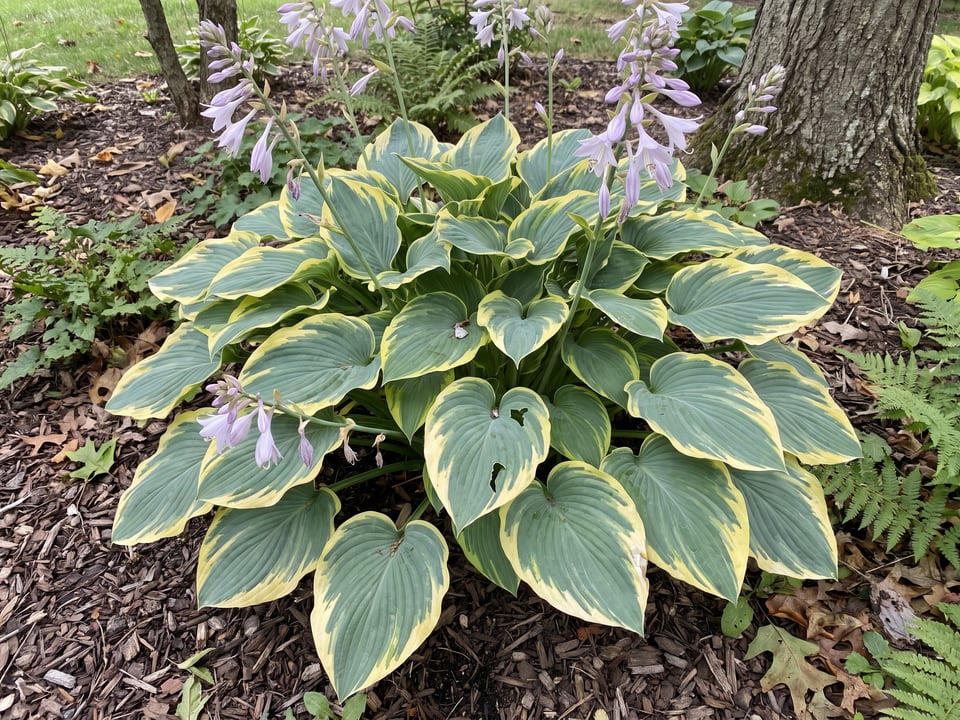 A Sagae hosta clump growing in a shade garden