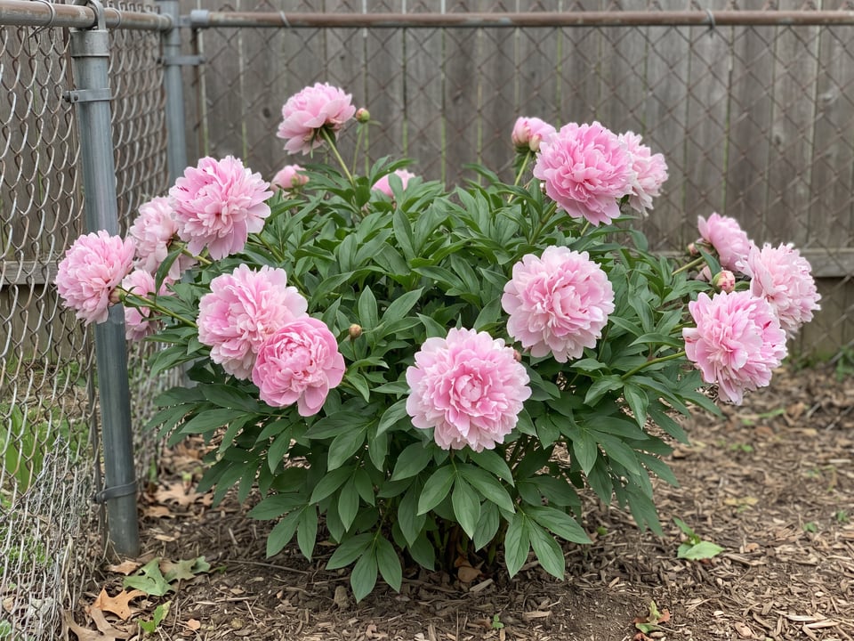 Sarah Bernhardt peony plants in bloom in a garden