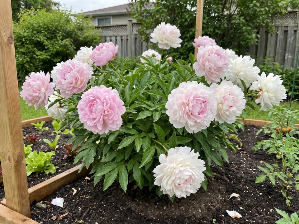 Shirley Temple peony plants in bloom in a garden