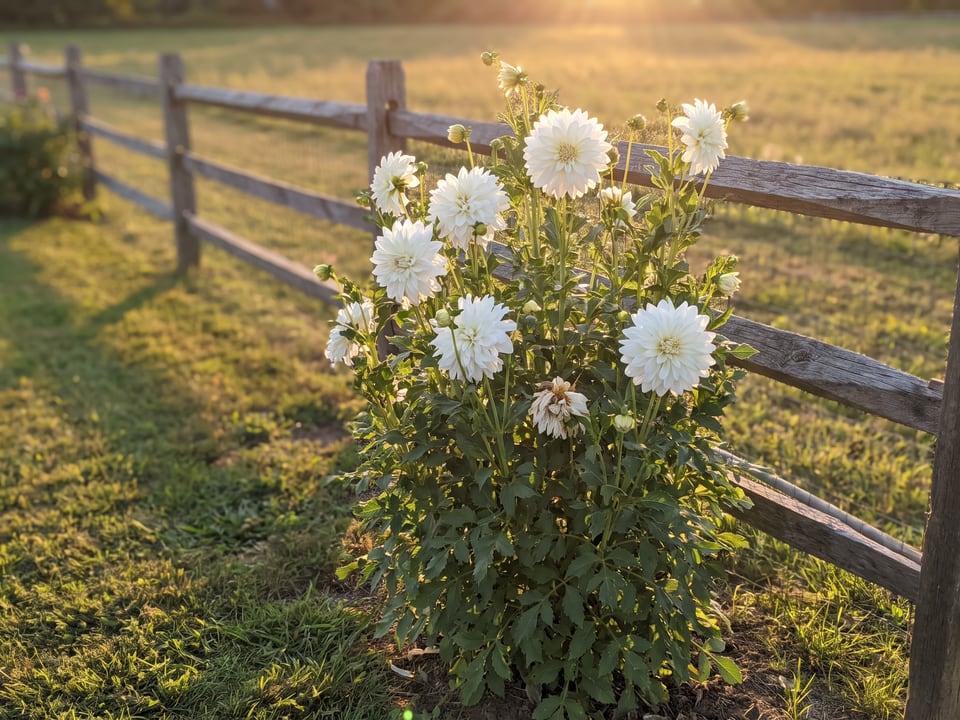 Snowbound dahlia plants in bloom in a garden
