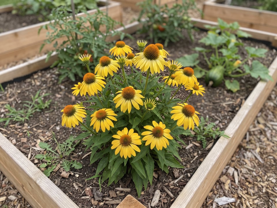 Sombrero Sandy Yellow coneflower plants in bloom in a garden