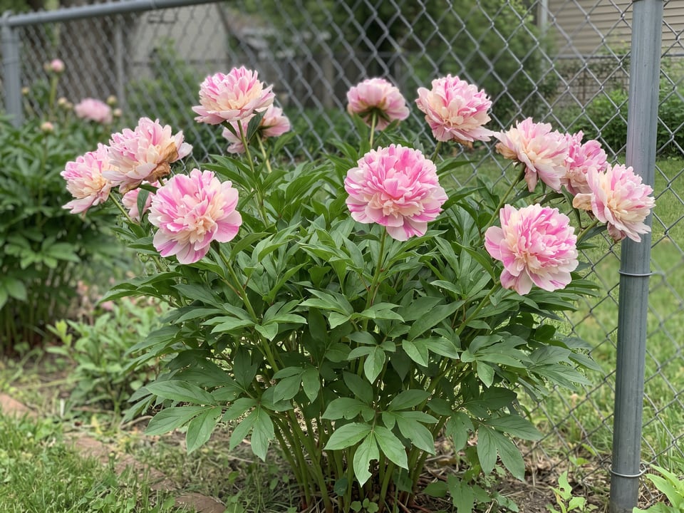 Sorbet peony plants in bloom in a garden