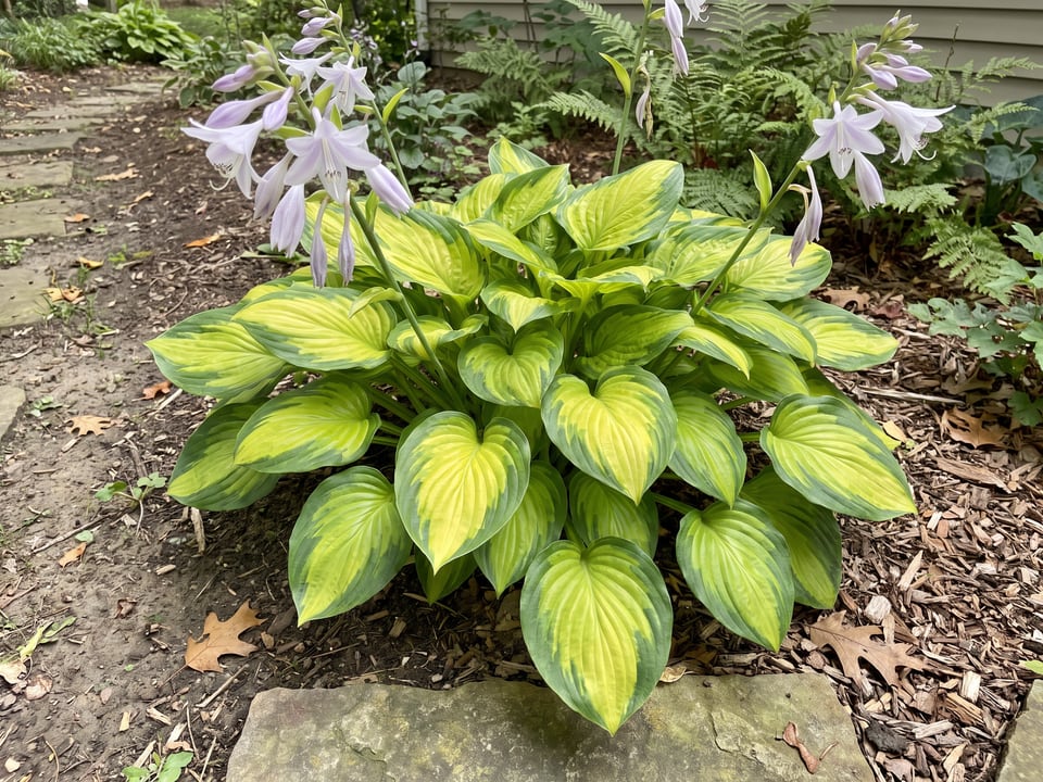 A Stained Glass hosta clump growing in a shade garden