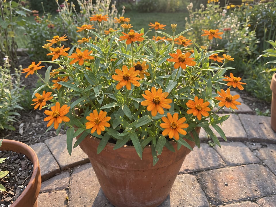 Star zinnia plants in bloom in a garden