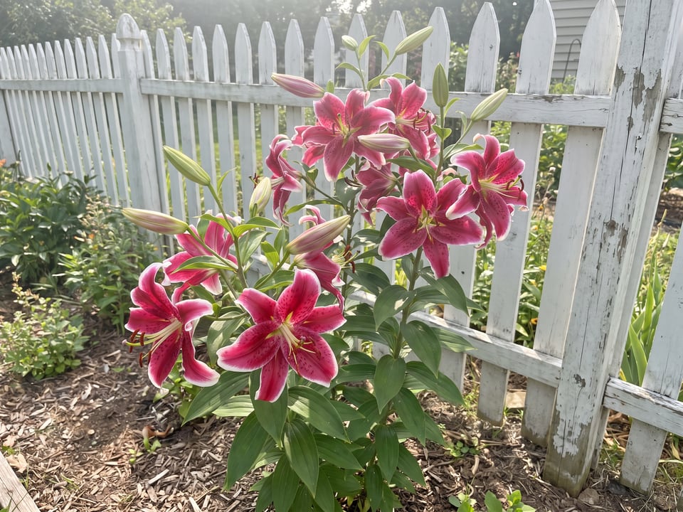 Stargazer lily plants in bloom in a garden