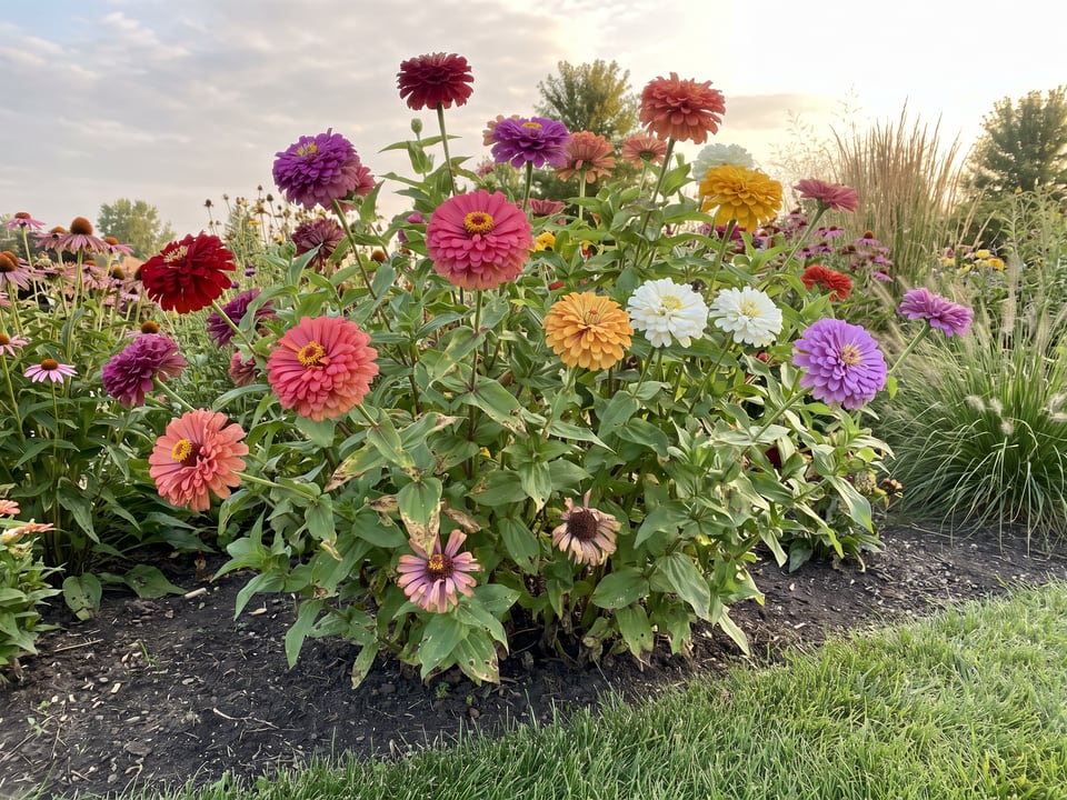 State Fair zinnia plants in bloom in a garden