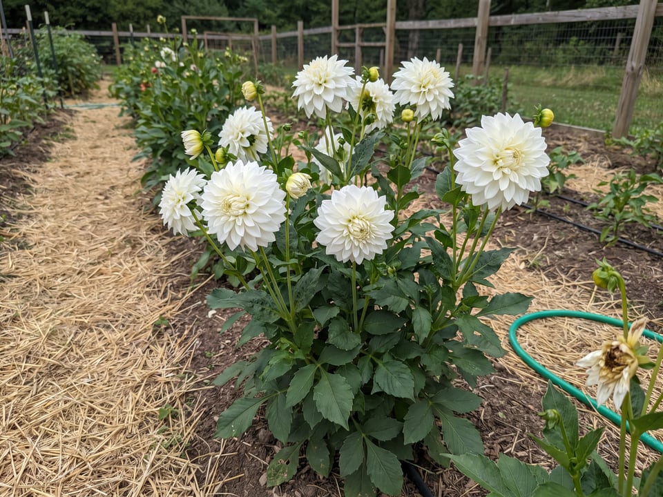 Sterling Silver dahlia plants in bloom in a garden