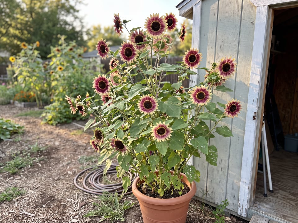 Strawberry Blonde sunflower plants in bloom in a garden
