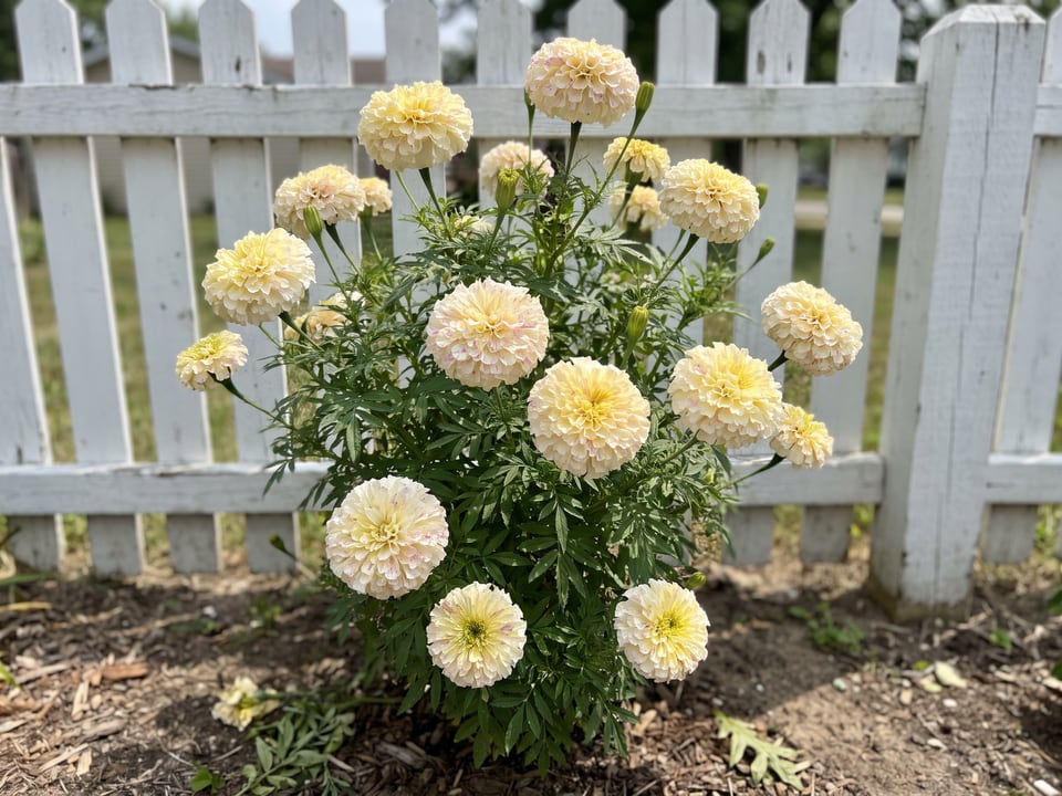 Sugar & Spice White marigold plants in bloom in a garden