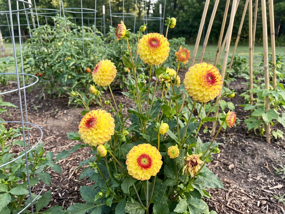 Sunny Boy dahlia plants in bloom in a garden