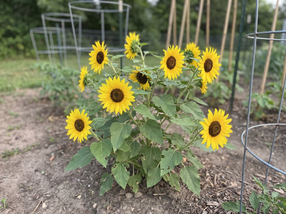 Sunny Smile sunflower plants in bloom in a garden
