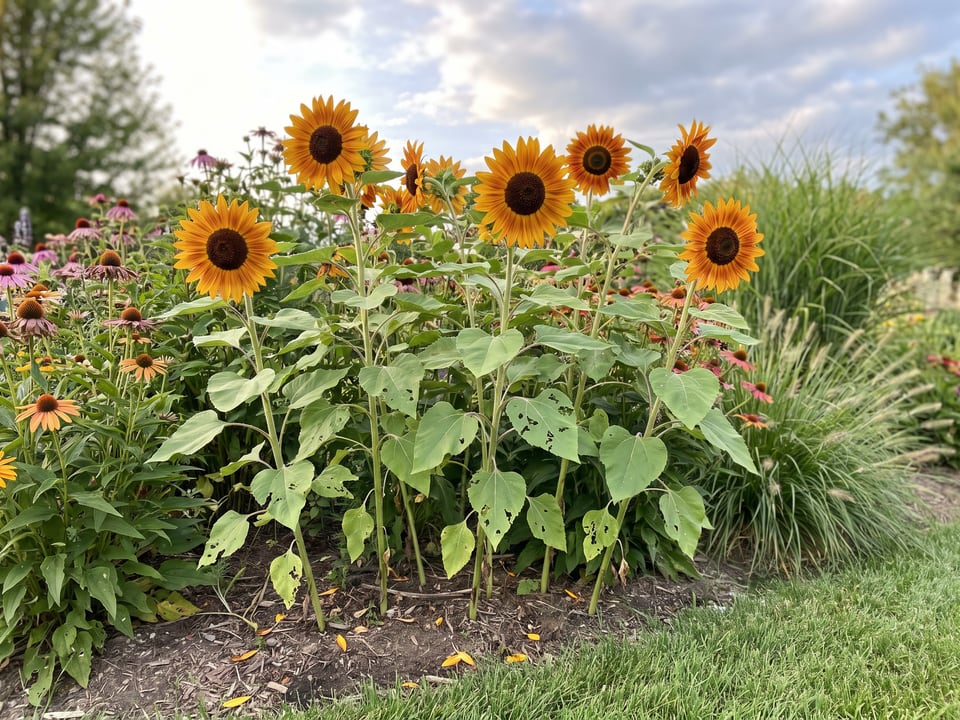 Sunrich Orange sunflower plants in bloom in a garden