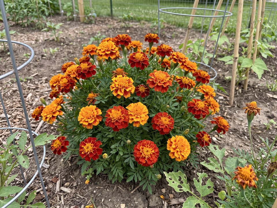Super Hero marigold plants in bloom in a garden
