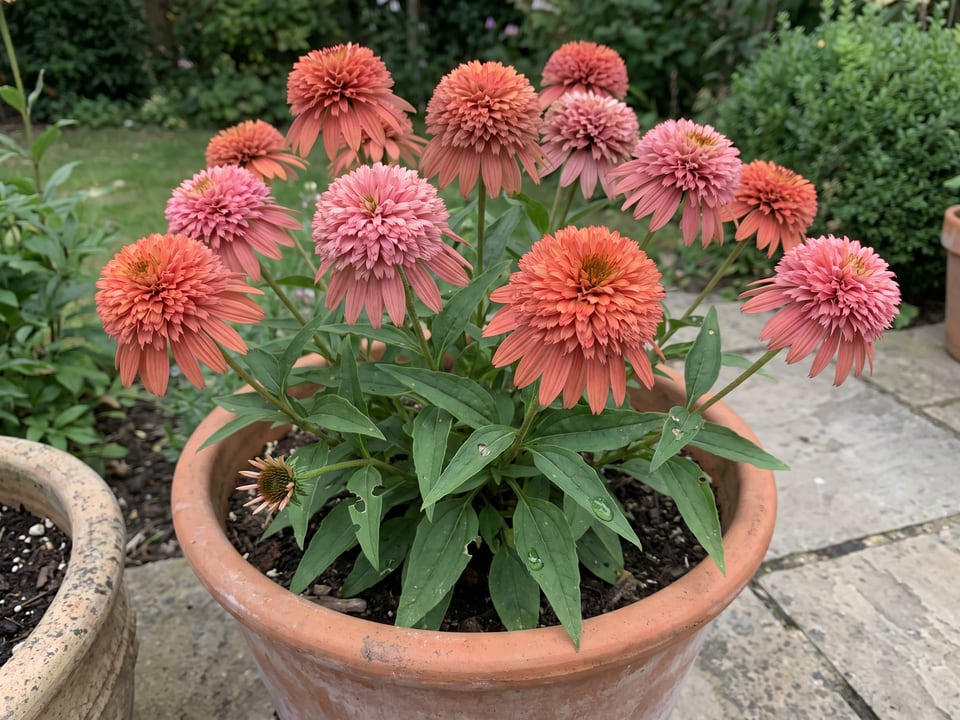 Supreme Cantaloupe coneflower plants in bloom in a garden