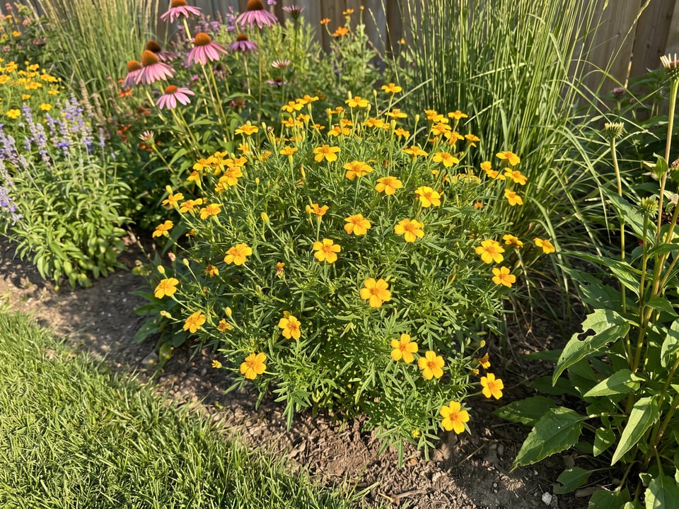Sweet Mace marigold plants in bloom in a garden