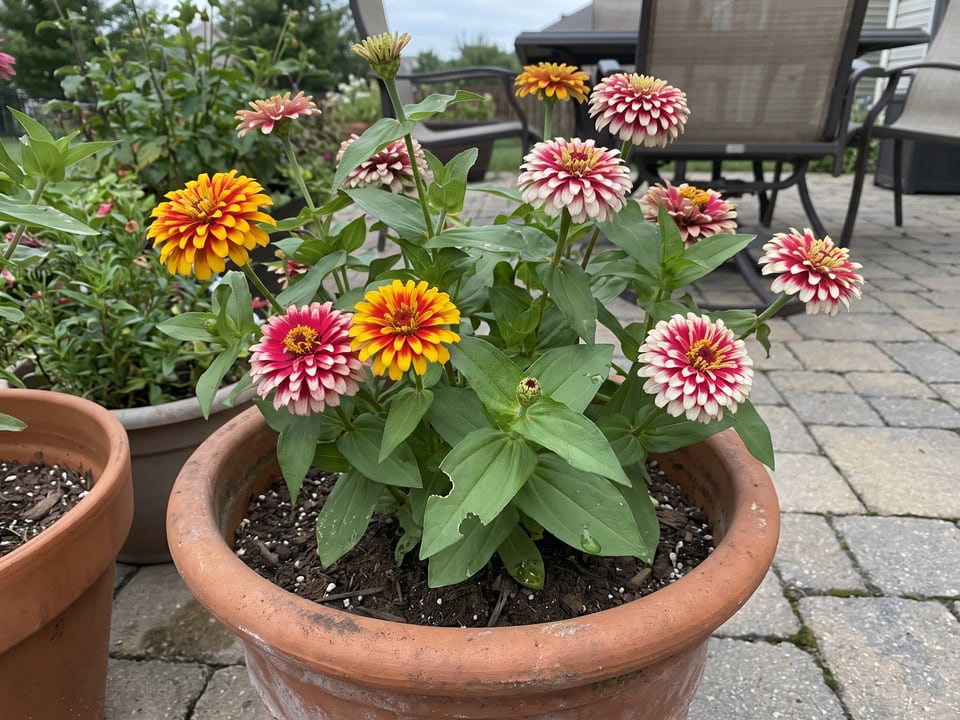 Swizzle zinnia plants in bloom in a garden