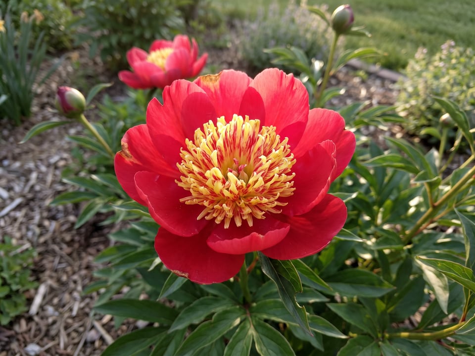 A Sword Dance peony flower up close on the plant
