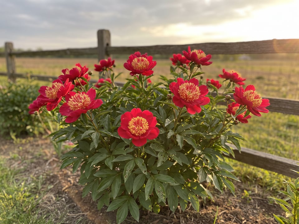 Sword Dance peony plants in bloom in a garden