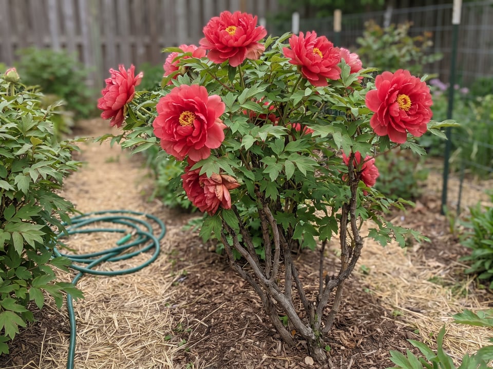 Taiyo peony plants in bloom in a garden