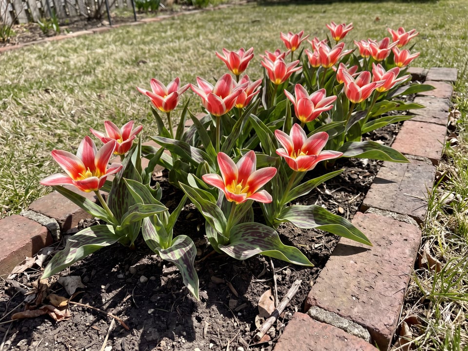 The First tulip plants in bloom in a garden