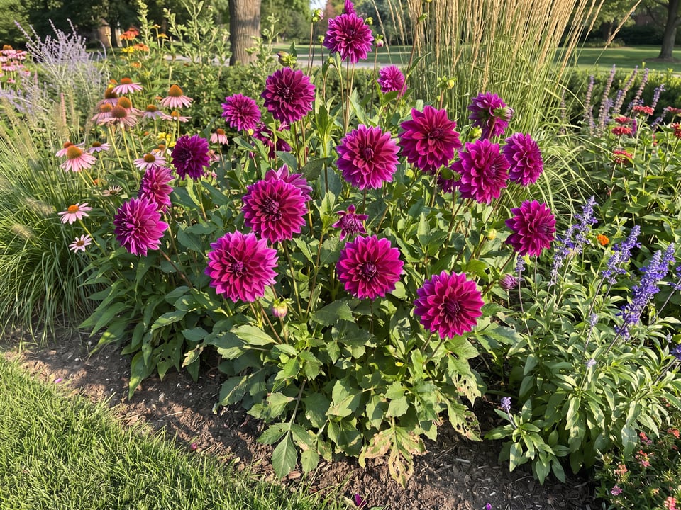 Thomas Edison dahlia plants in bloom in a garden