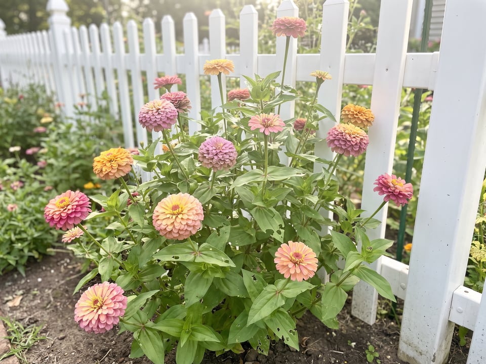 Unicorn Mix zinnia plants in bloom in a garden