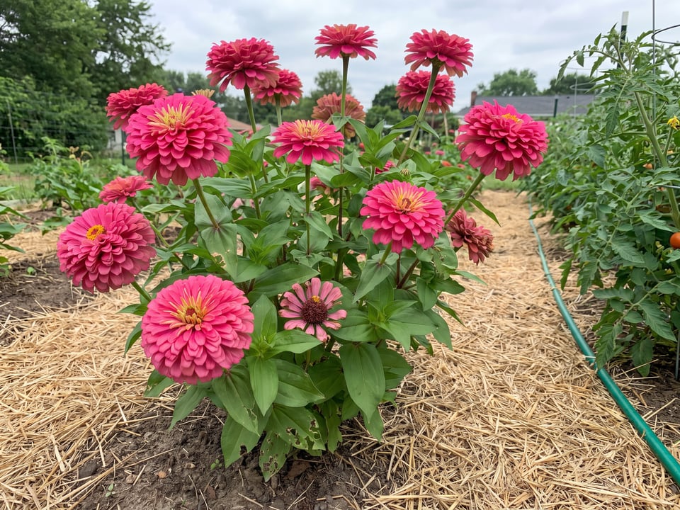Uproar Rose zinnia plants in bloom in a garden